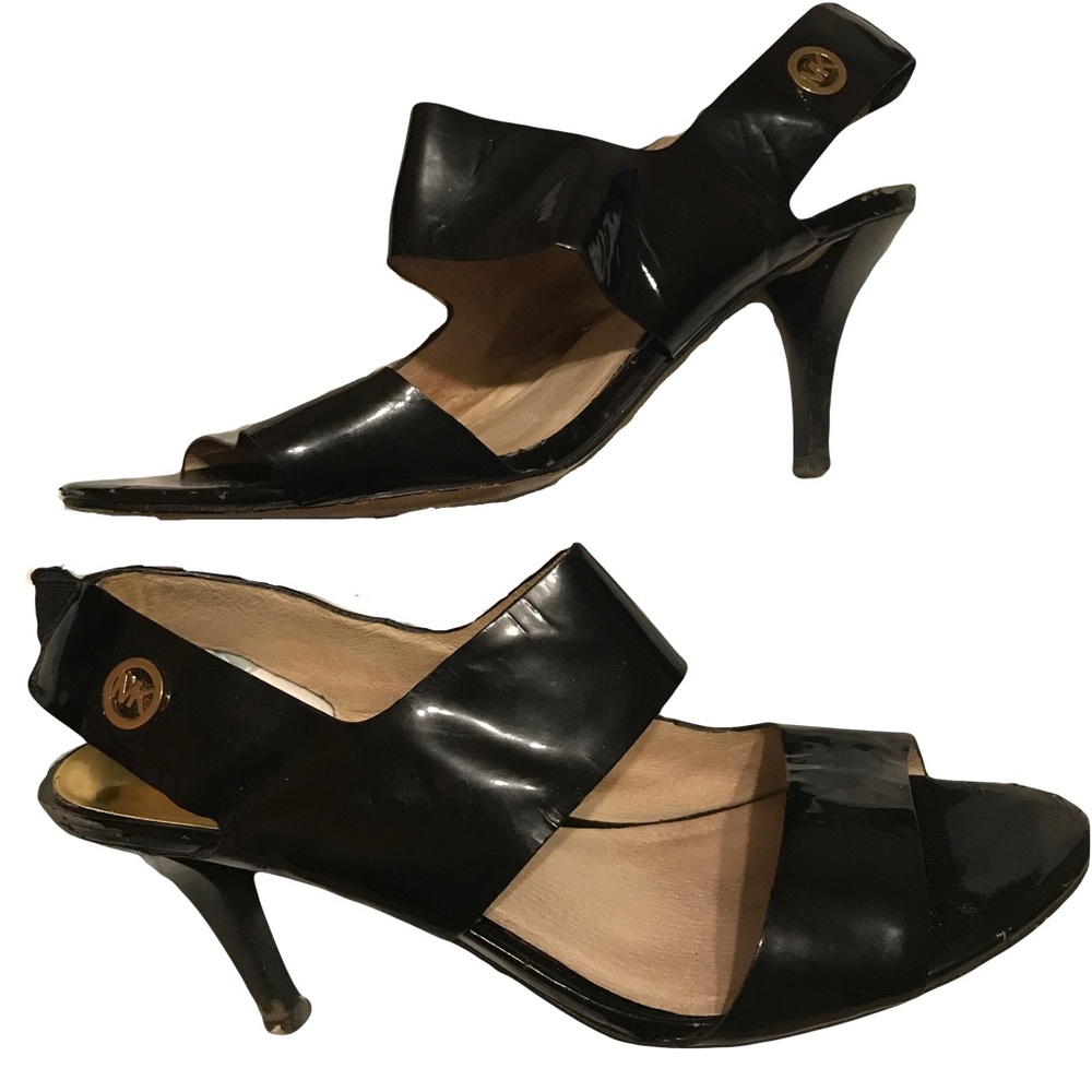Michael Kors black patent sandals. Imperfections as shown. Heel is 3”